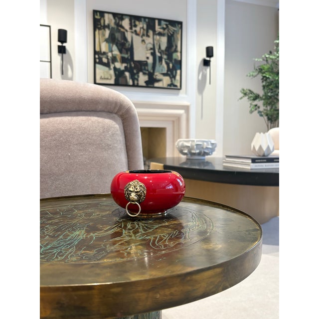 Metal Vintage Italian Glazed Ceramic Ashtray With Brass Lion Head Knockers, in the Manner of Gio Ponti, Signed Florence Italy, 1960s For Sale - Image 7 of 7