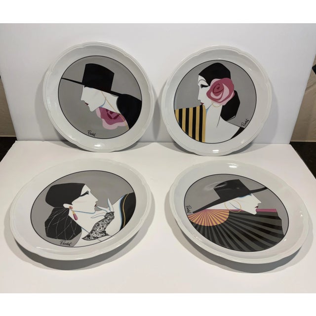 Very glam with a bit of drama! A set of white porcelain signed art plates from the 1980s in the Art Deco style.
