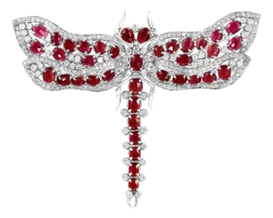 Natural 20 Ct Burma Ruby & 10 Ct Diamond Butterfly 18 Kt White Gold Pin/Brooch