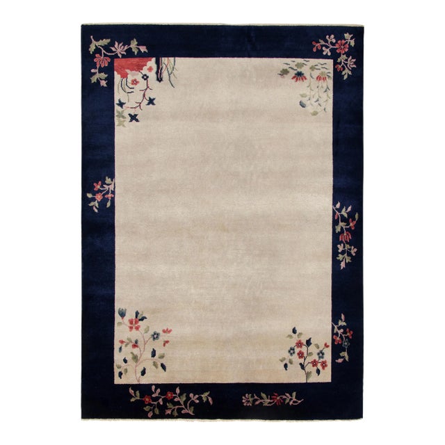 Vintage Chinese Deco Style Rug, Off-White Field, Blue Border, Red Green Florals For Sale