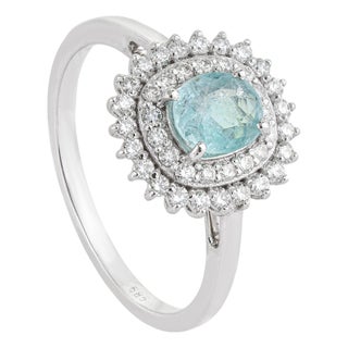 Natural Cushion Cut Paraiba Tourmaline Double Halo CLuster Diamond Ring Size 6 For Sale