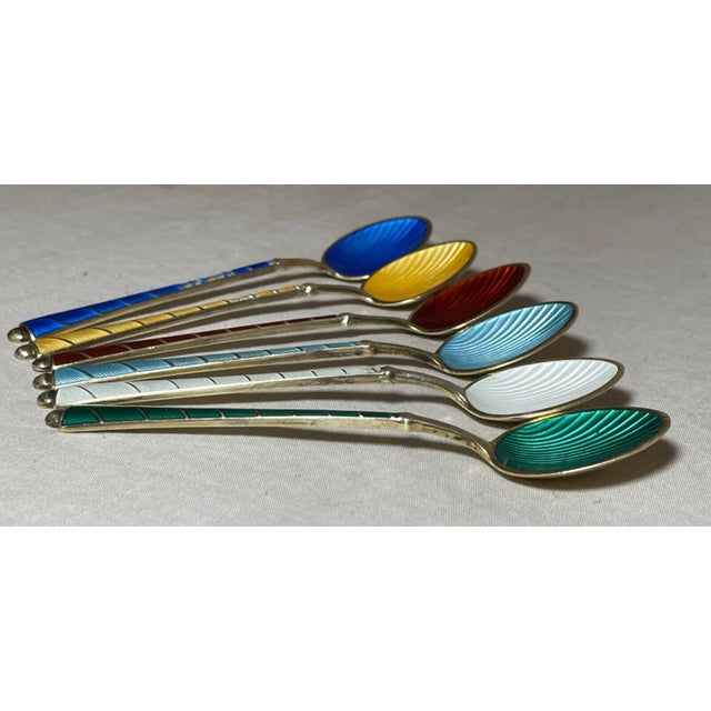 Mid-Century Modern 1940s Six Signed Elo Denmark Sterling Silver Gilt Guilloche Enamel Demi-Tasse Spoons For Sale - Image 3 of 12