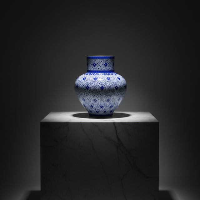 Handmade Ceramic Large Iznik Vase Monumental Size Blue and White Golden Horn (Halic) Style Scroll Pattern For Sale - Image 10 of 10