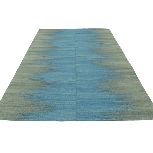 Rug & Kilim’s Contemporary Kilim in Blue and Green Stripes and Geometric Patterns For Sale In New York - Image 6 of 7
