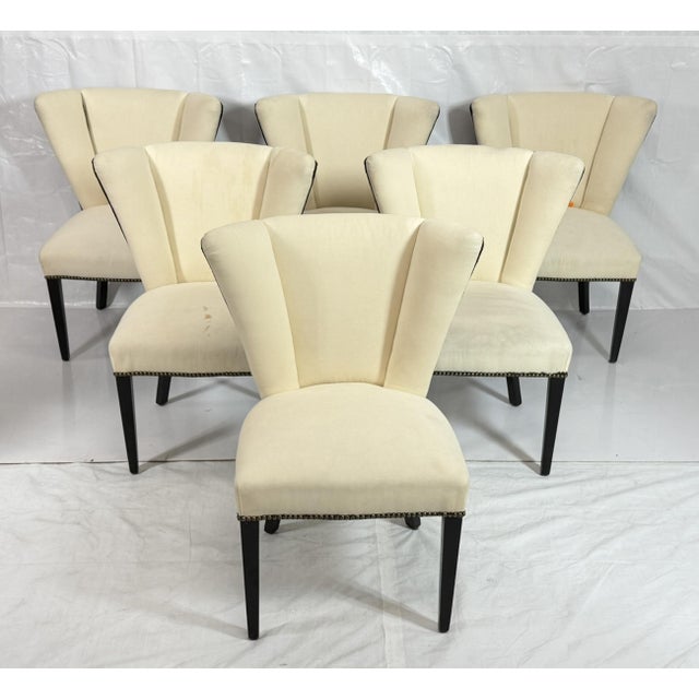 Mid-Century Modern Set of 6 Mid-Century Tuxedo Dining Chairs, Ebonized Wood, Brass Nailheads For Sale - Image 3 of 18