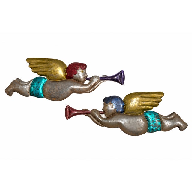 Vintage Jewel-Tone Metal Trumpeting Angels — Christmas Holiday Decor, Pair For Sale - Image 9 of 9
