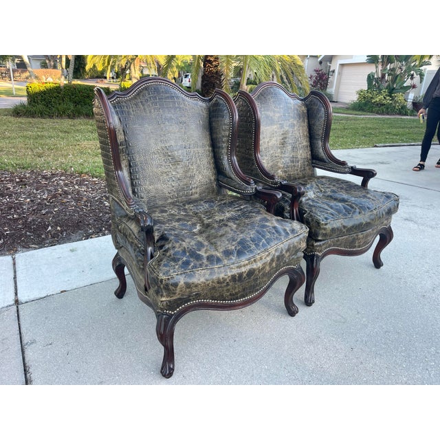 Crocodile Embossed Leather Chairs by Old Hickory Tannery, a Pair, Wingback Chairs, Nailhead Trim, Style of Massoud Lettsworth Wing Chair For Sale - Image 11 of 12