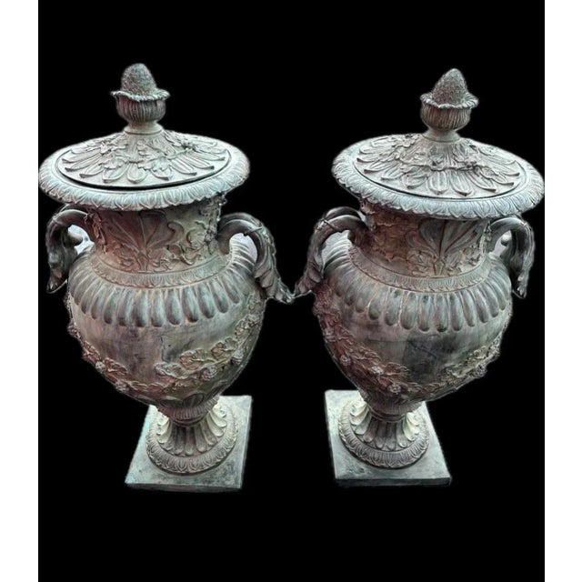 Hollywood Regency 51”h Spectacular Miami Beach Vintage Urn With Lid Classic Cast Bronze Verdigris Patinated - A Pair For Sale - Image 4 of 12