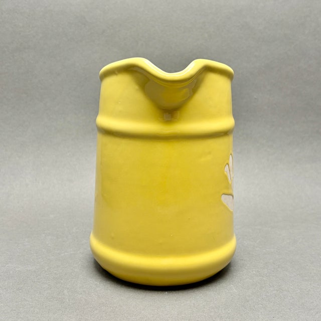 Vintage Yellow Ceramic Pitcher With Stylized Tulip Motif Art Pottery Pitcher For Sale - Image 4 of 9