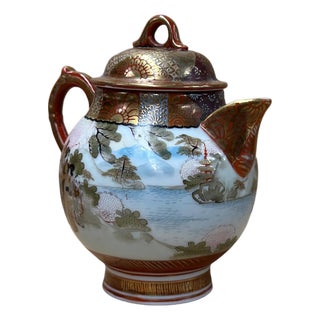 Oriental Orange Red Glaze Porcelain Art Display Teapot Scenery Graphic For Sale