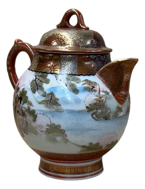 Oriental Orange Red Glaze Porcelain Art Display Teapot Scenery Graphic