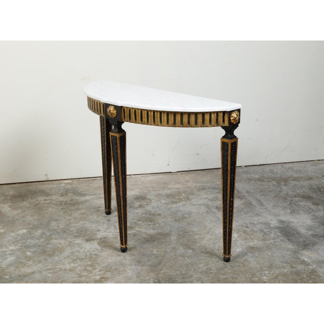 Italian 19th Century Neoclassical Style Black Parcel-Gilt Marble Top Demilune For Sale - Image 10 of 12