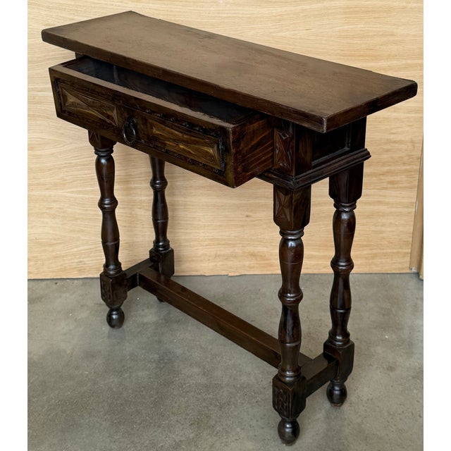 Wood Early 20th Narrow Catalan Spanish Carved Walnut Console Table With Drawer For Sale - Image 7 of 8