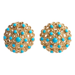 1950s Vintage Italian Turquoise Dome French Lever Back 18k Yellow Gold Earrings- 2 Pieces For Sale