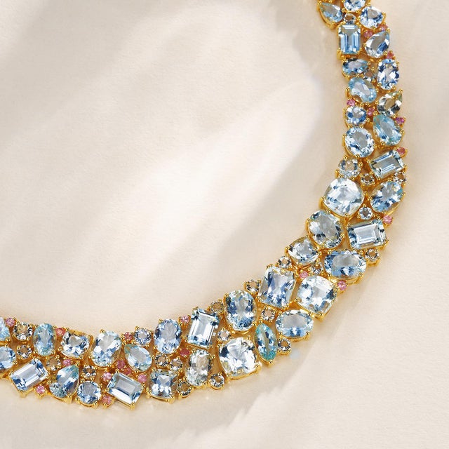 Nina Zhou Jewelry Nina Zhou Ocean Life Aquamarine, Topaz & Pink Sapphire Collar Necklace in 14k Gold For Sale - Image 4 of 8