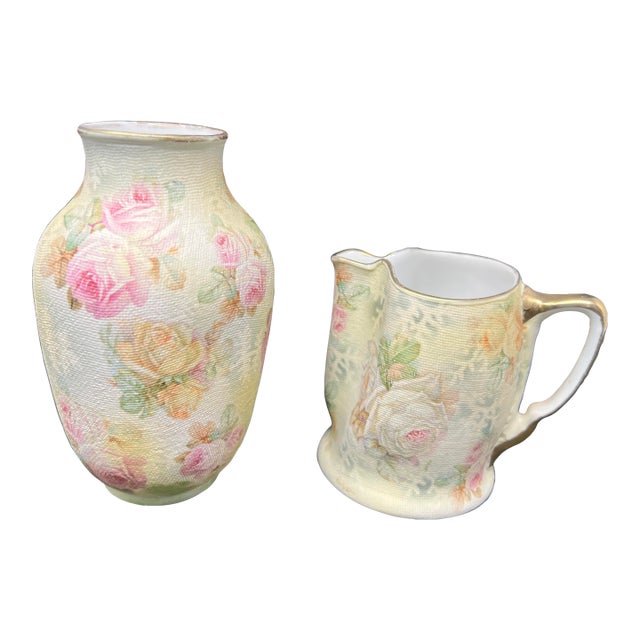 Antique Royal Bayreuth Bavaria Rose Tapestry Porcelain Floral Dresser Set Vase & Pitcher c.1900 For Sale