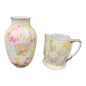 Antique Royal Bayreuth Bavaria Rose Tapestry Porcelain Floral Dresser Set Vase & Pitcher c.1900