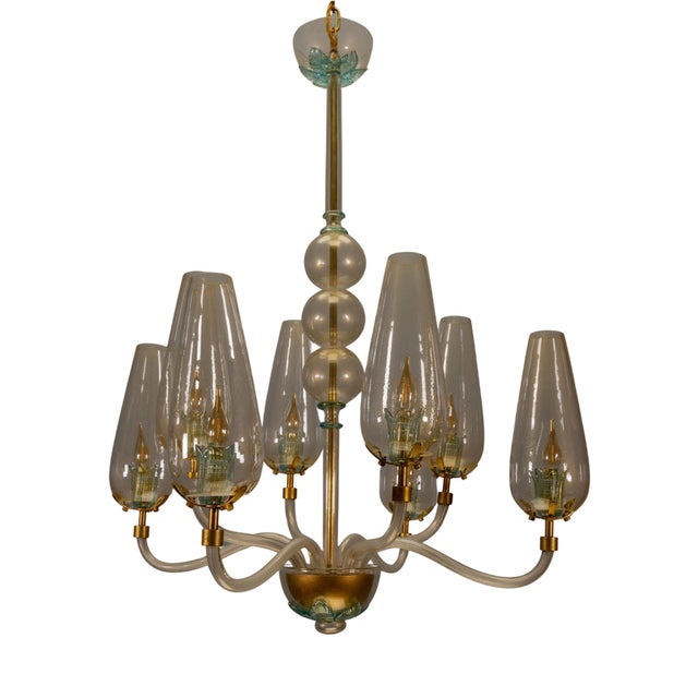 Italian Murano Glass Eight-Light Chandelier with Golden Accents, 1970s For Sale