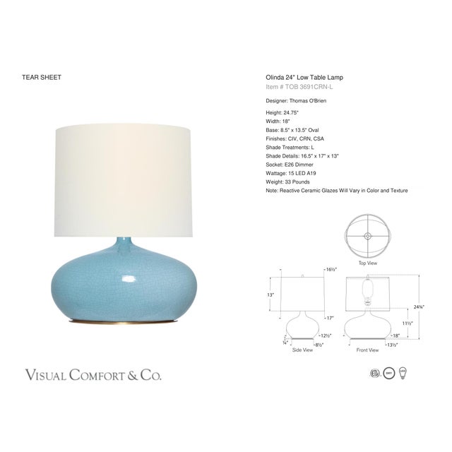 Thomas O'Brien by Visual Comfort Signature Olinda 24" Low Table Lamp in Crackled Robin with Linen Shade Designer: Thomas...