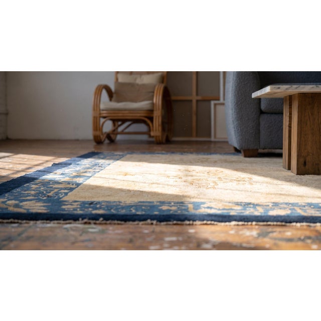 Textile Gorgeous Beige Open Field With Blue Floral Border Antique Chinese Peking Rug For Sale - Image 7 of 8