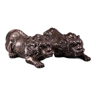 Pair of Antique Silver-Plated Guardian Lion Figurines, 2000g Total, High Relief For Sale