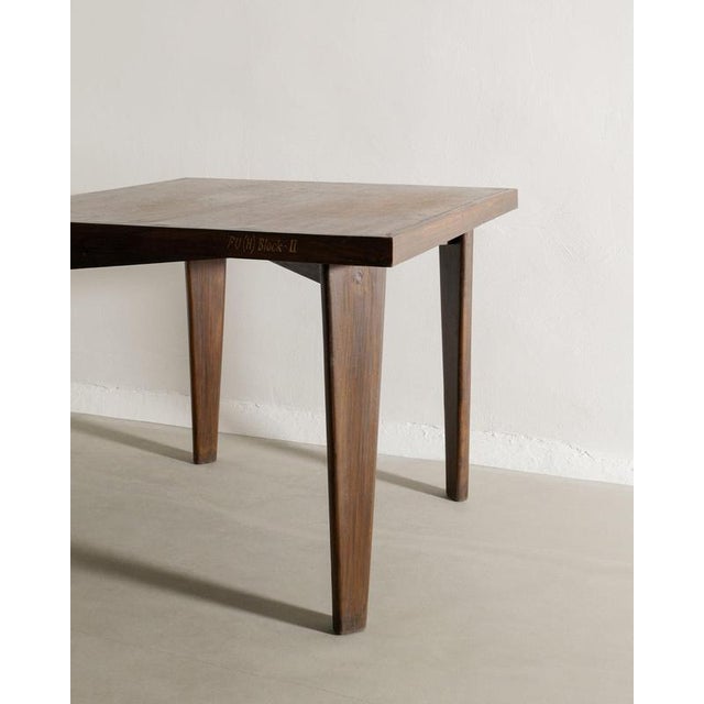 Rare French mid century squared wooden dining table in dark stained stained teak by Pierre Jeanneret produced for Punjab...