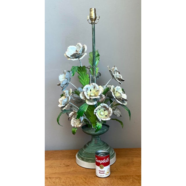 Green Vintage Hand Painted Tole Bouquet Lamp For Sale - Image 8 of 12