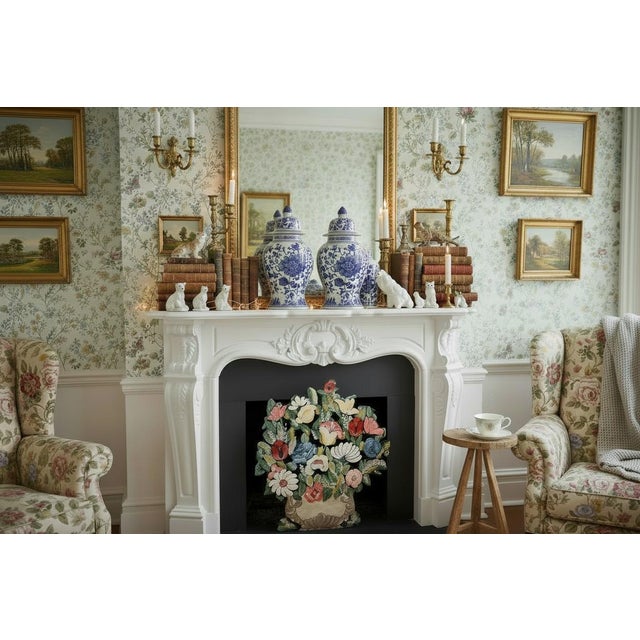 This is vintage whimsical Folk Art hand-painted tole fireplace screen featuring an charming bouquet of stylized garden...