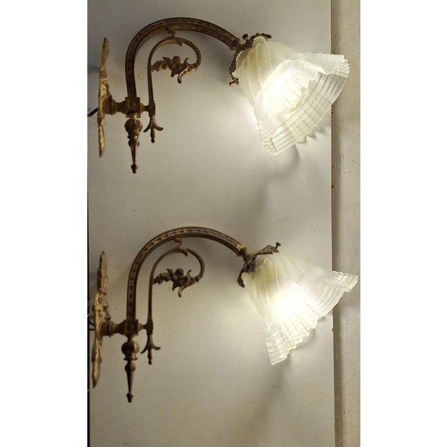 Antique German Wall Lamps with Brass Frame and Glass Shade, 1890s, Set of 2 For Sale - Image 10 of 10