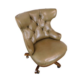 Century Furniture Tufted Green Leather Swivel Office Chair For Sale