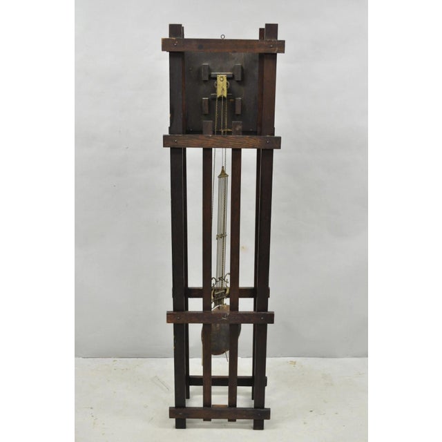 Antique Mission Arts and Crafts Oak Wood Tall Case Grandfather Clock For Sale - Image 12 of 17