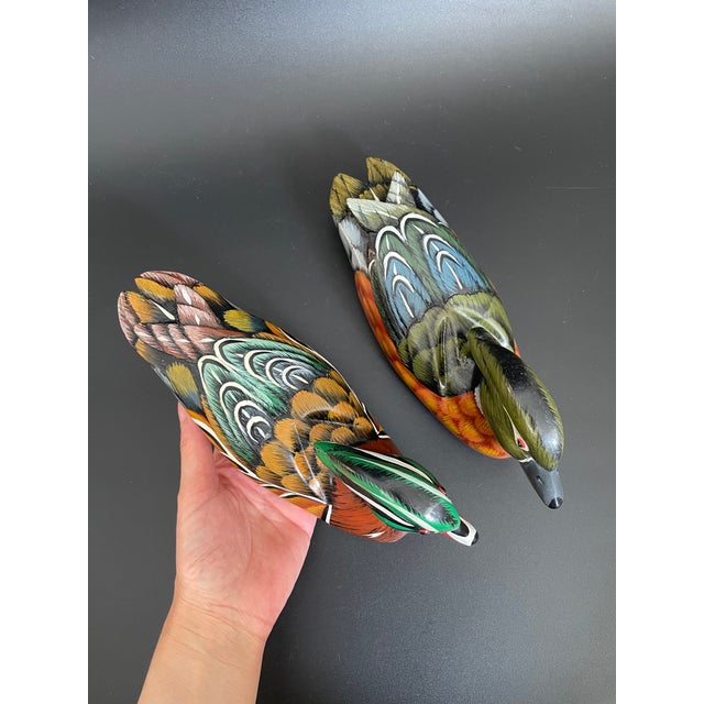 A Pair of Artisan Wood Duck Drake & Hen Decoys For Sale - Image 12 of 12
