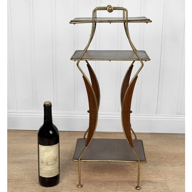 An Atomic Era Gold Aluminum Tiered Plant Stand, c.1950's - Wire Aluminum with Original Gold Gilding - Faux Walnut Side...