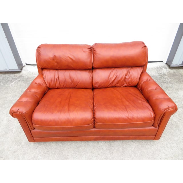 Ethan Allen Vintage Genuine Leather 2 Seater Sofa Loveseat W/ Footstool Ottoman Bench ~ MCM For Sale - Image 4 of 15