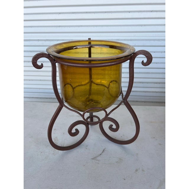 Vintage Cast Iron & Amber Glass Large Candle Holder or Planter For Sale In West Palm - Image 6 of 10