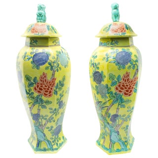 Chinese Hand Painted Ceramic Urns - a Pair For Sale