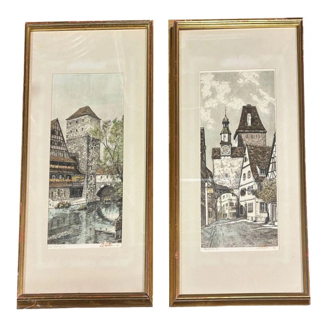 Pair of German Nuremberg Village Aquatint Etchings Framed by Rudolf Veit For Sale