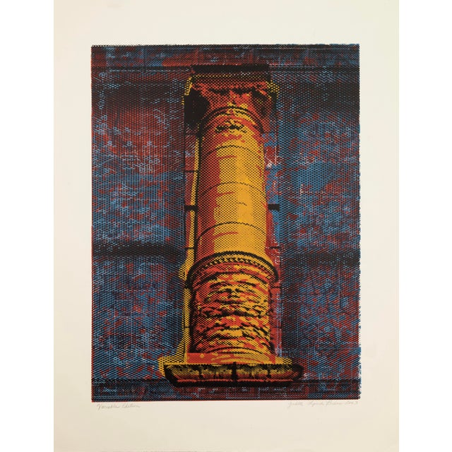 A color serigraph depicting a classical column rendered in red and gold tones against a layered blue and green ground with...