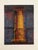 A color serigraph depicting a classical column rendered in red and gold tones against a layered blue and green ground with...