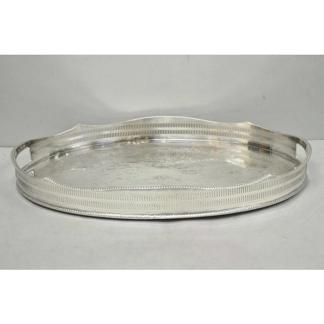 Victorian Vintage English Edwardian Silver Plated Oval Scalloped Gallery Bar Platter Tray For Sale - Image 3 of 18