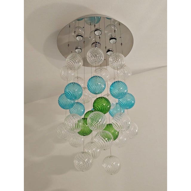 1980s Vintage Art Deco Style Chandelier with Hand-Blown Murano Glass Bubbles, Venice, 1989 For Sale - Image 5 of 11