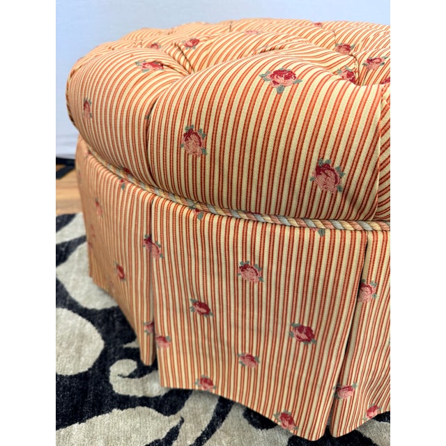 1990s Connecticut Home Interiors Custom Floral and Striped Upholstered Round Tufted Ottoman For Sale - Image 5 of 5