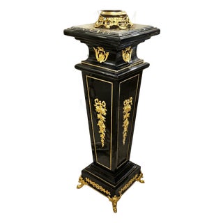 Rococo Black Geometric Pedestal – Marble Top Column With Bronze & Gold Leaf Details For Sale