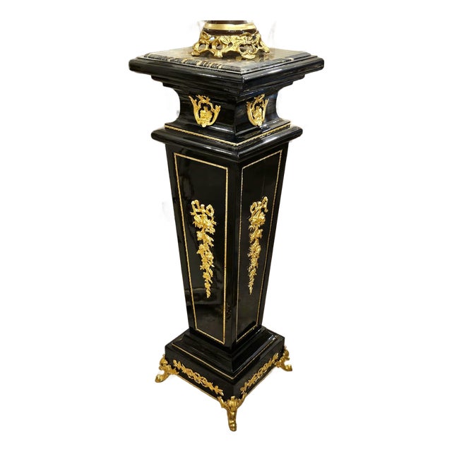 Rococo Black Geometric Pedestal – Marble Top Column With Bronze & Gold Leaf Details For Sale
