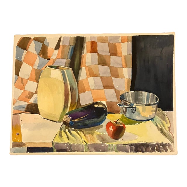 1950’s Original Anthony Ferrara Still Life Watercolor Painting Fruit & Pots For Sale