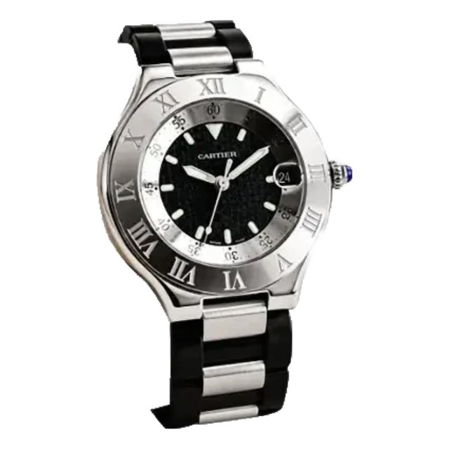 Vintage Collector-Grade Cartier 21 Must De Cartier Autoscaph Stainless Steel Watch W. Sapphire Cabochon, Unisex, Full Set/Orig. Box/Paper For Sale