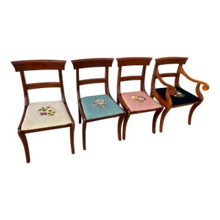 Late 20th Century Vintage Cassidy’s Furniture Reproduction Mid-Century Modern Cherry Dining Chairs With Multicolored Floral Needlepoint Seats-Set of 4 For Sale