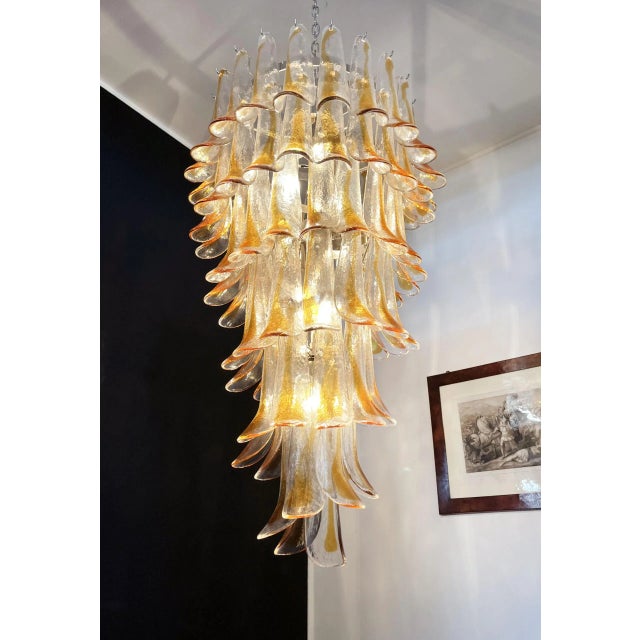 Italian Murano Glass Spiral Chandelier, 83 Amber and Crystal Petals For Sale In Los Angeles - Image 6 of 10