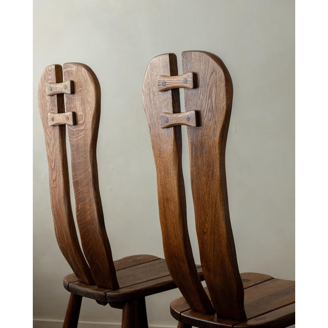 Brown Brutalist Oak Dining Chairs with Sculptural High Backs by De Puydt, 1960s, Set of 4 For Sale - Image 8 of 18