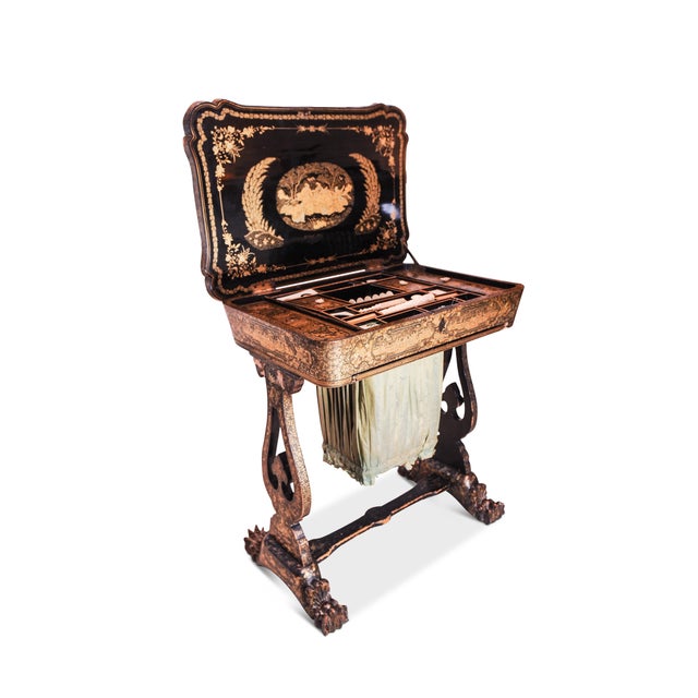 Regency Chinese Qing Chinoiserie Hand-Painted Lacquered Sewing Table For Sale - Image 4 of 14
